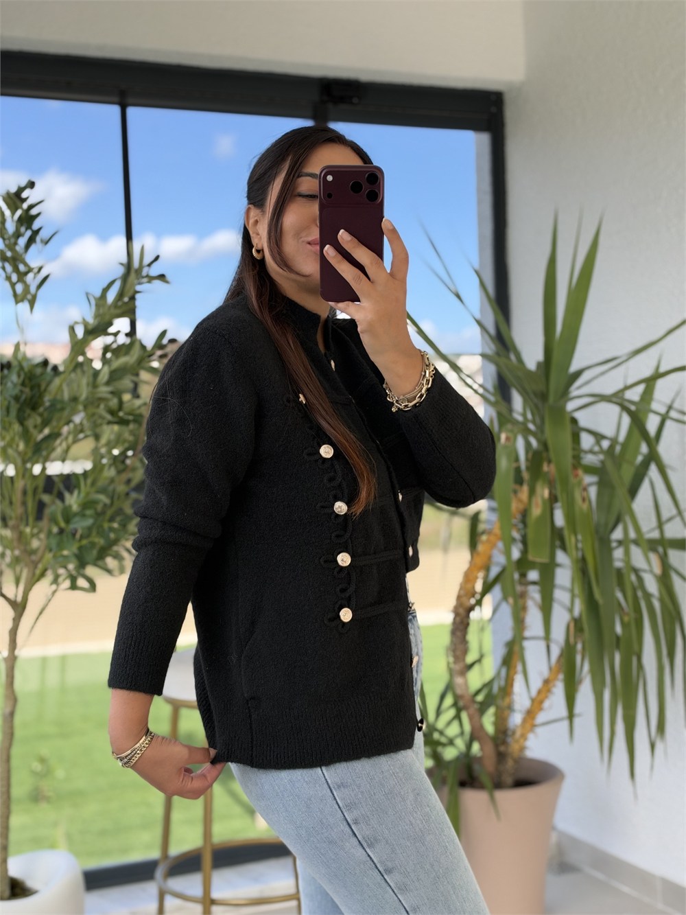 Gümüş Düğmeli Premium Hırka Siyah