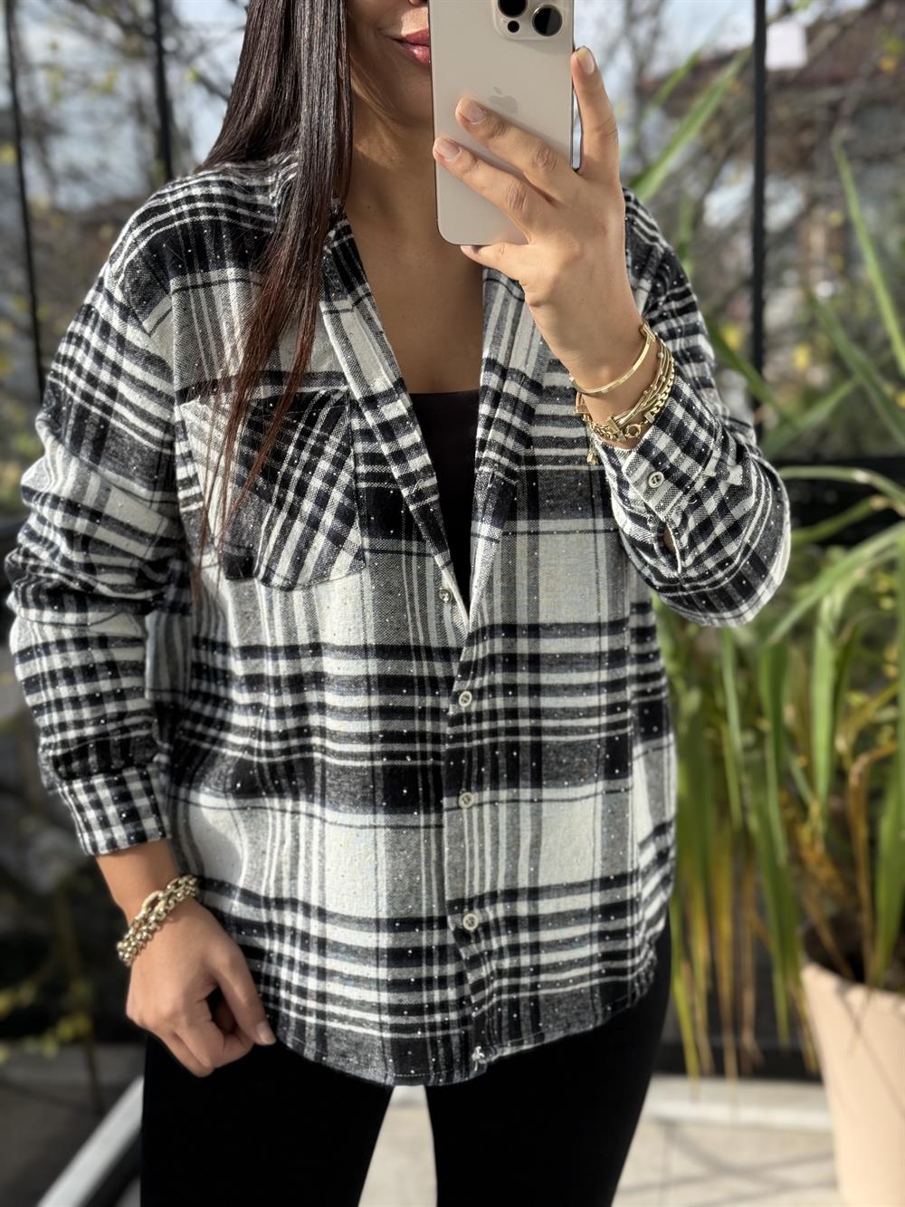 Taşlı Ekose Gömlek Siyah