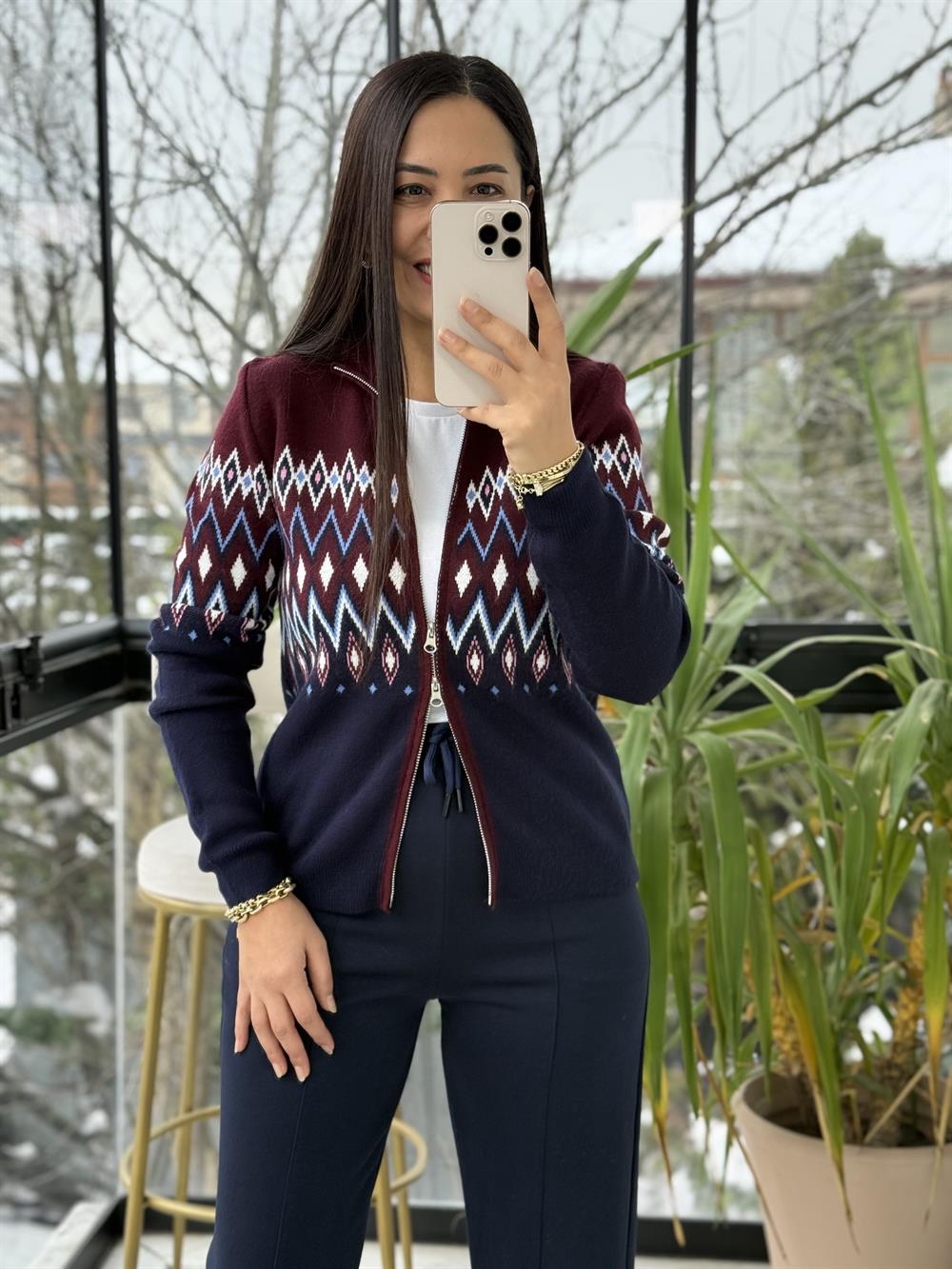 Geometrik Desenli Çift fermuarlı Hırka Lacivert