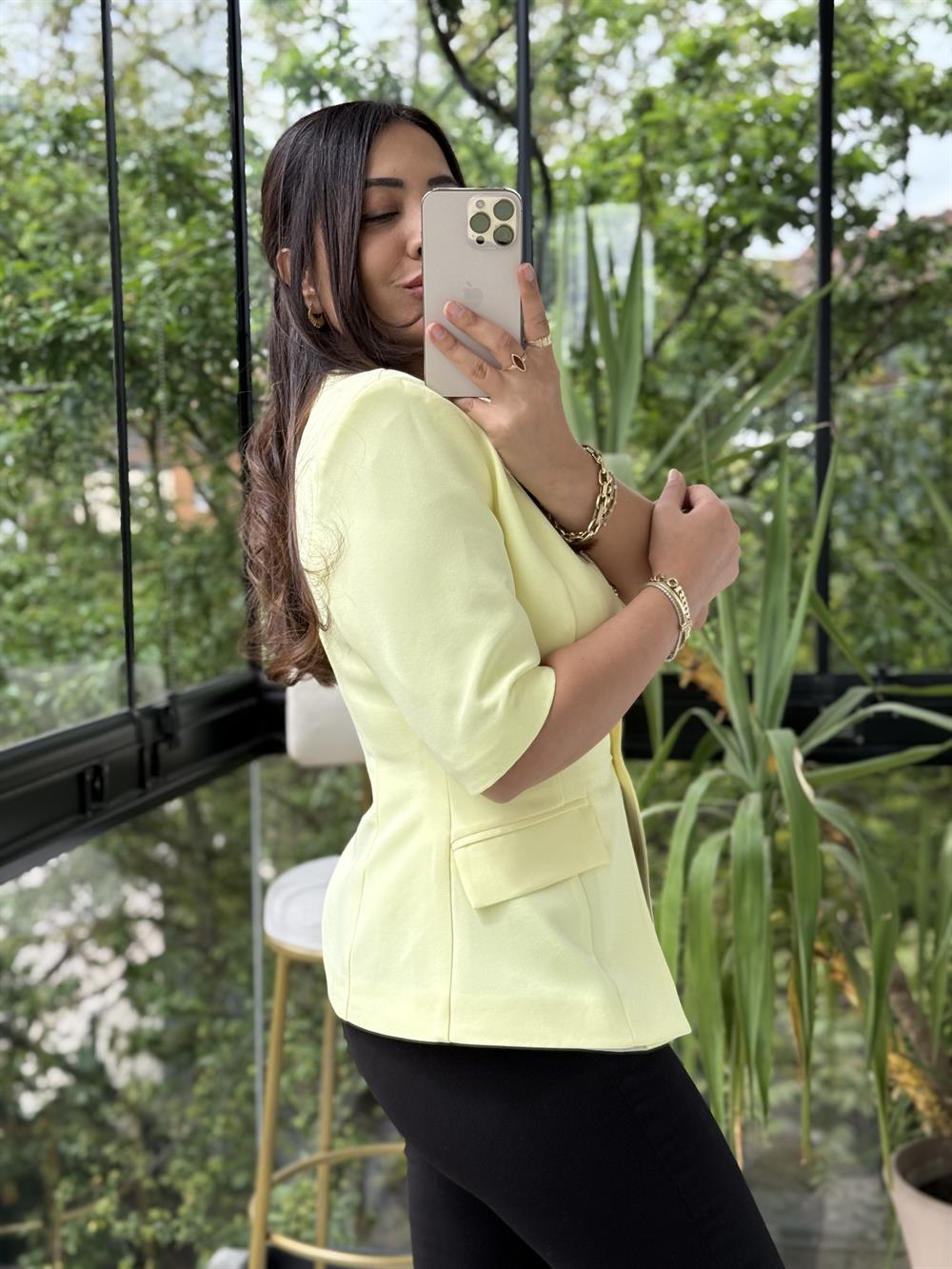 Slimfit Mini Gold Düğme Kısa Kol Blazer Sarı