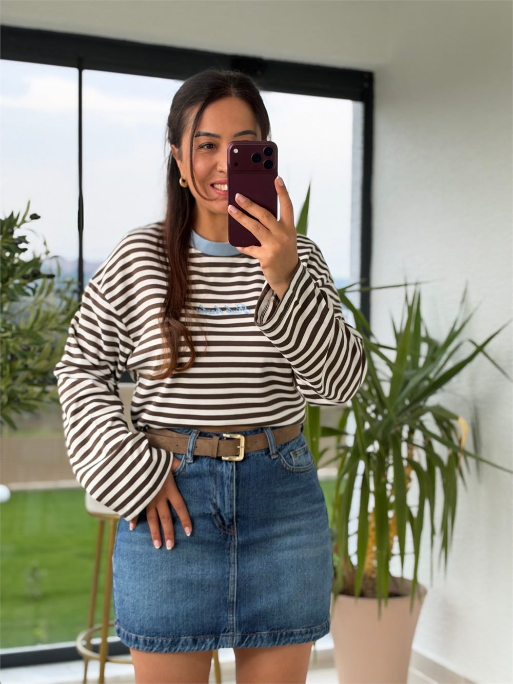 Biyeli Çizgili Sweatshirt Kahve