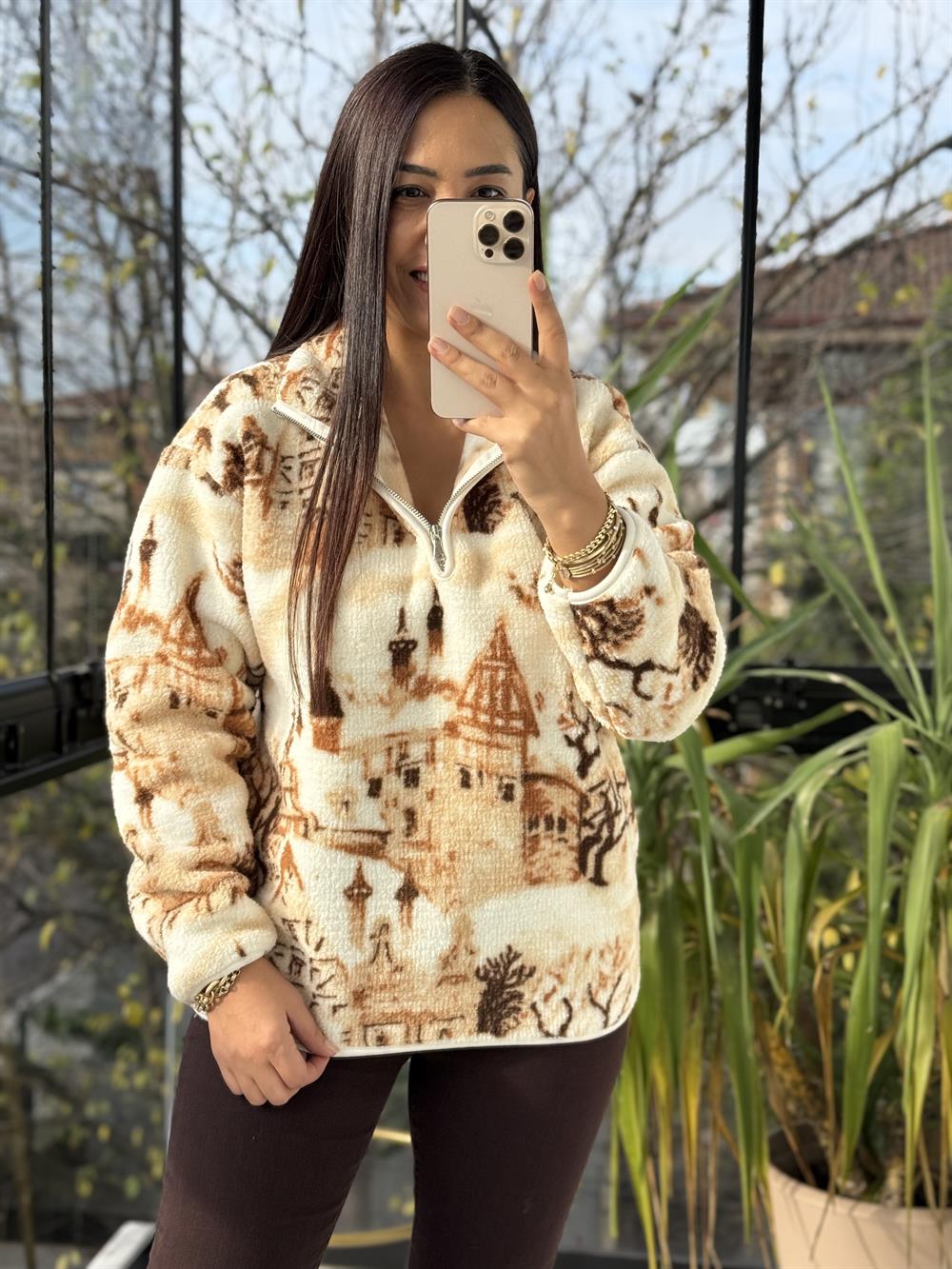 Desenli Yarım Fermuarlı Polar Sweat Kahve