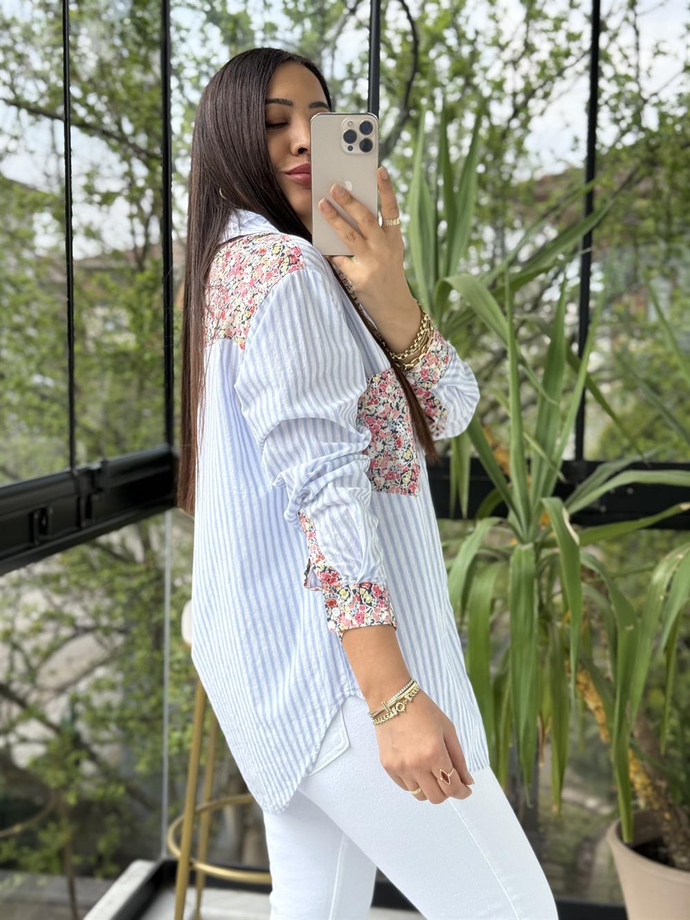 Çiçek Detaylı Çizgili Gömlek Mavi