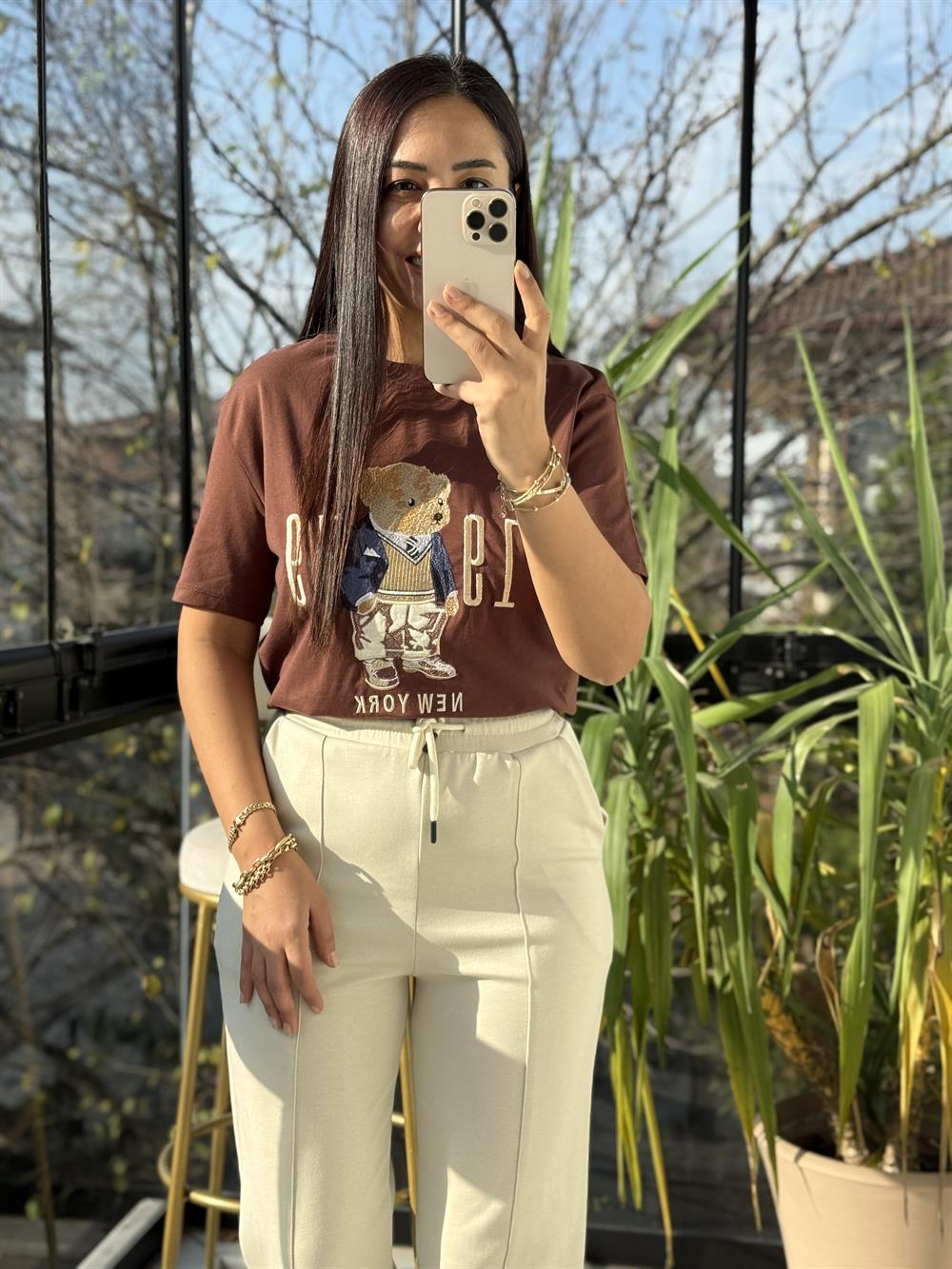 Newyork Yazılı İşlemeli Basic Tişört Kahve