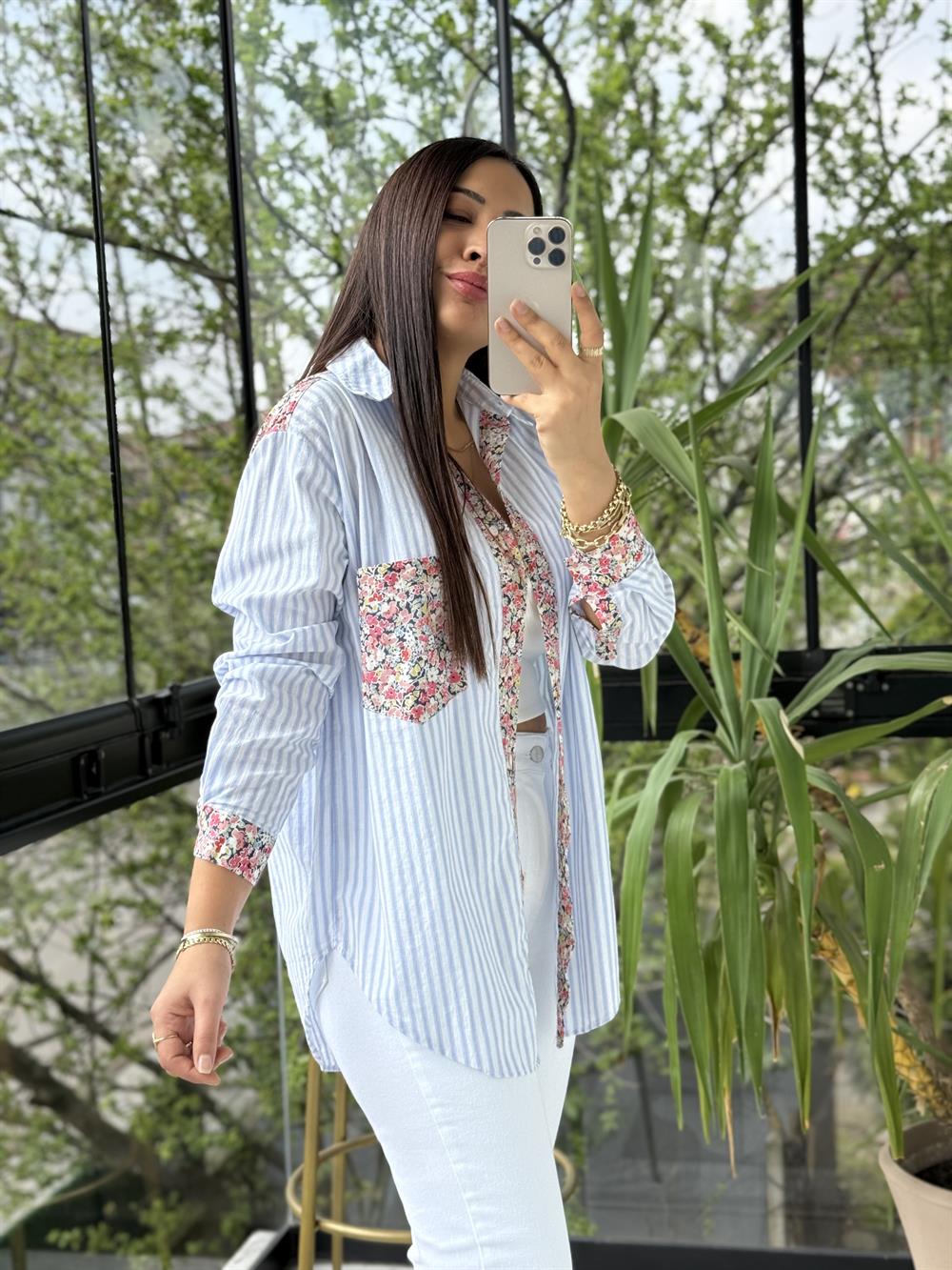 Çiçek Detaylı Çizgili Gömlek Mavi
