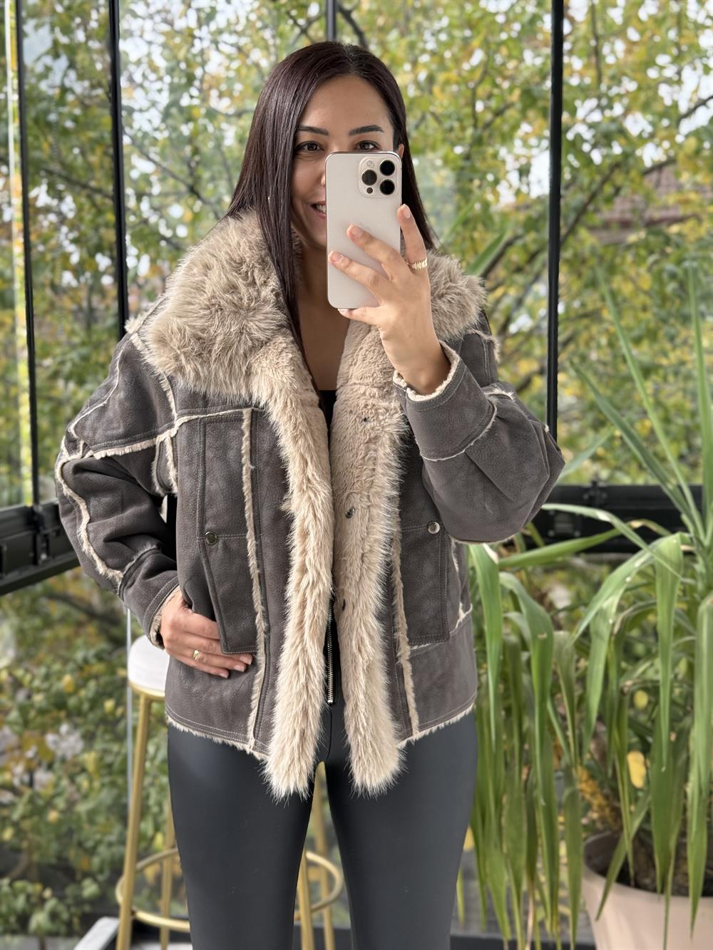 Kürk Detaylı Nubuk Mont Kahve