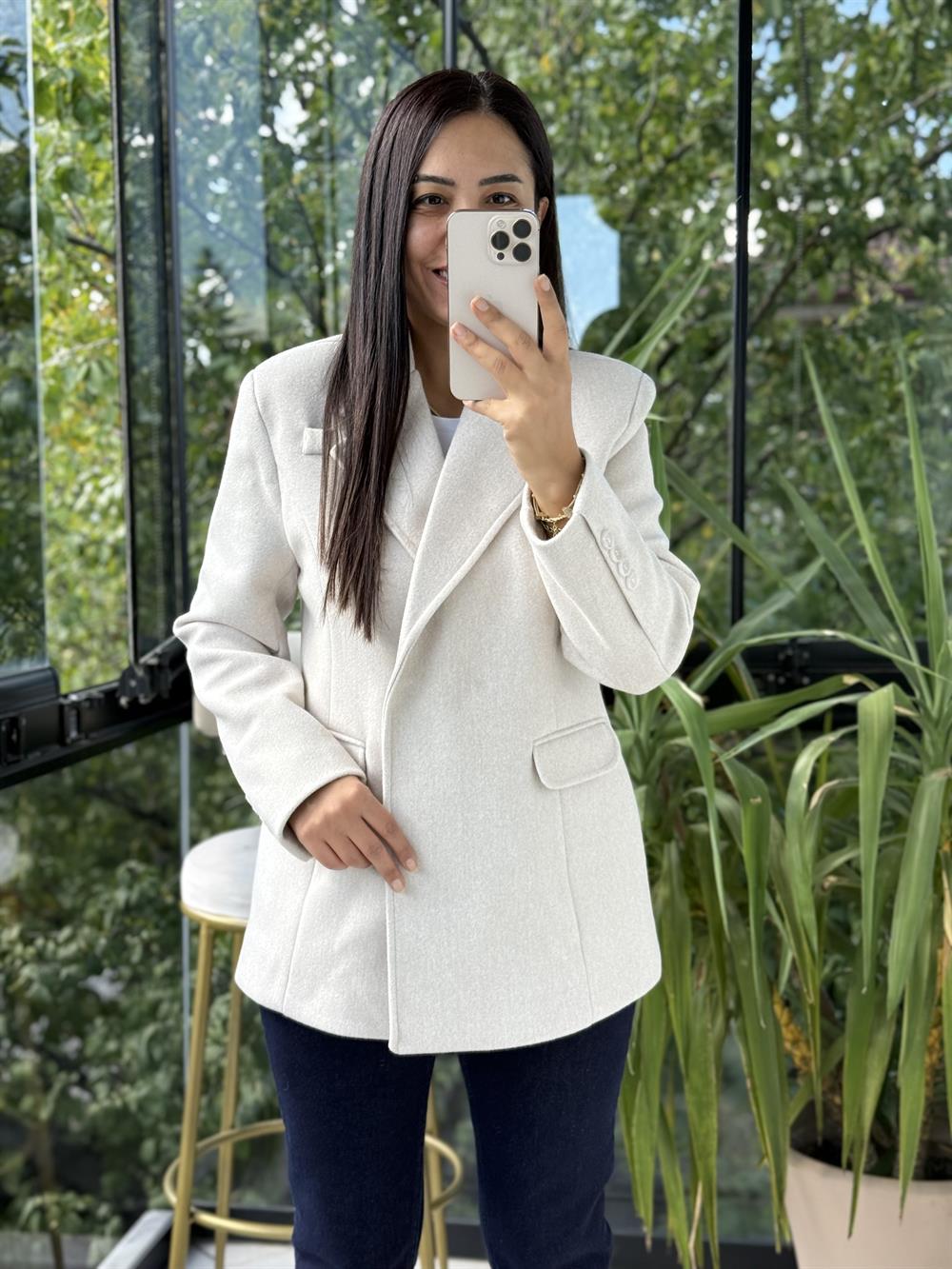 Kaşe Slim Blazer Ceket Krem