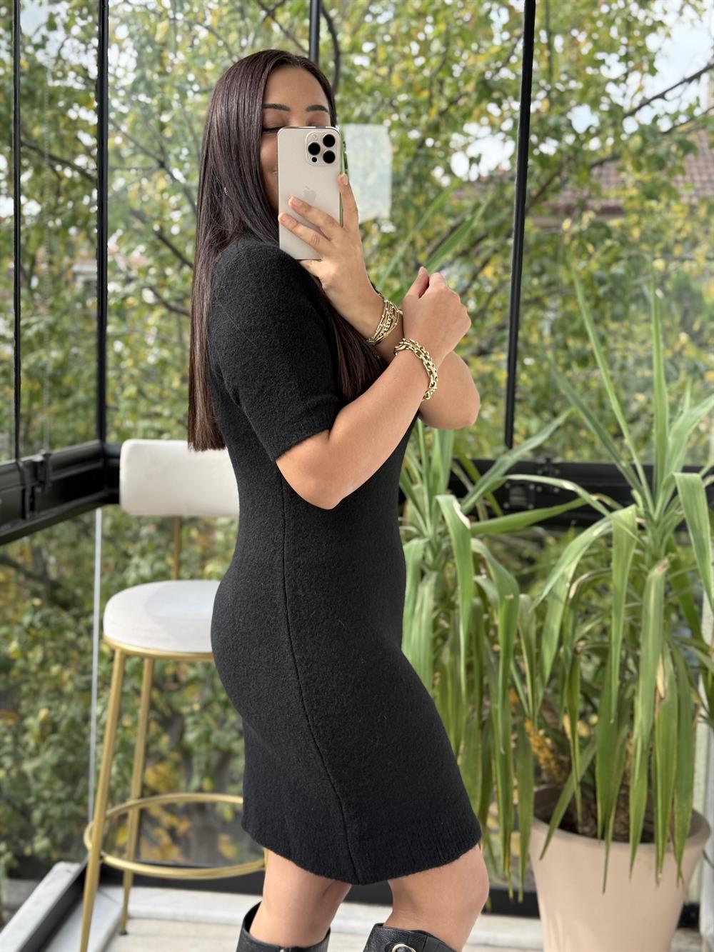 Dilvin Yumuşak Dokulu Kısa Kol Triko Elbise Siyah