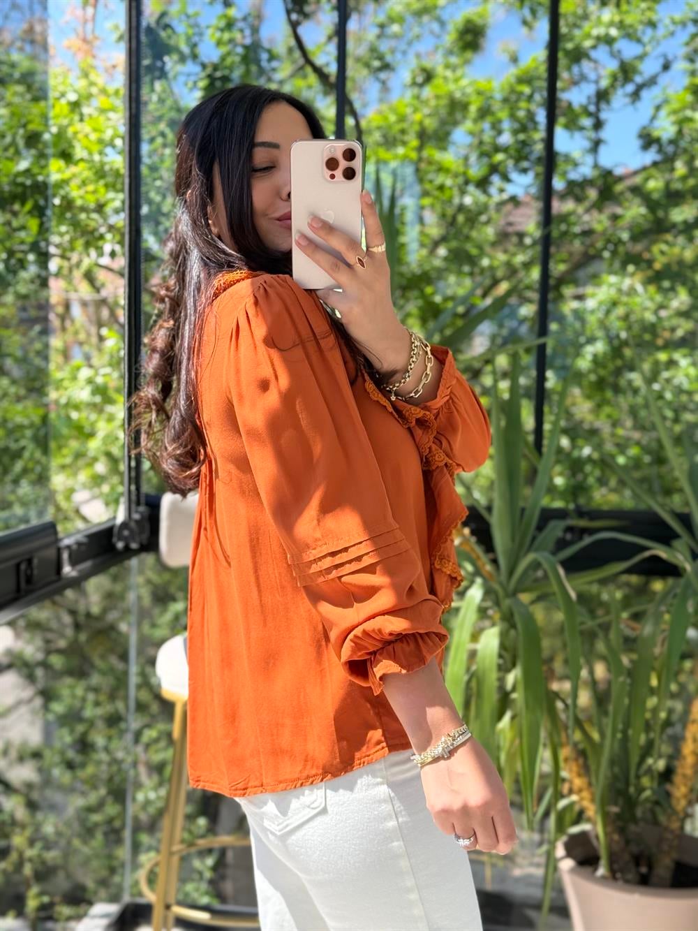 Önü Fırfırlı Bluz Kiremit