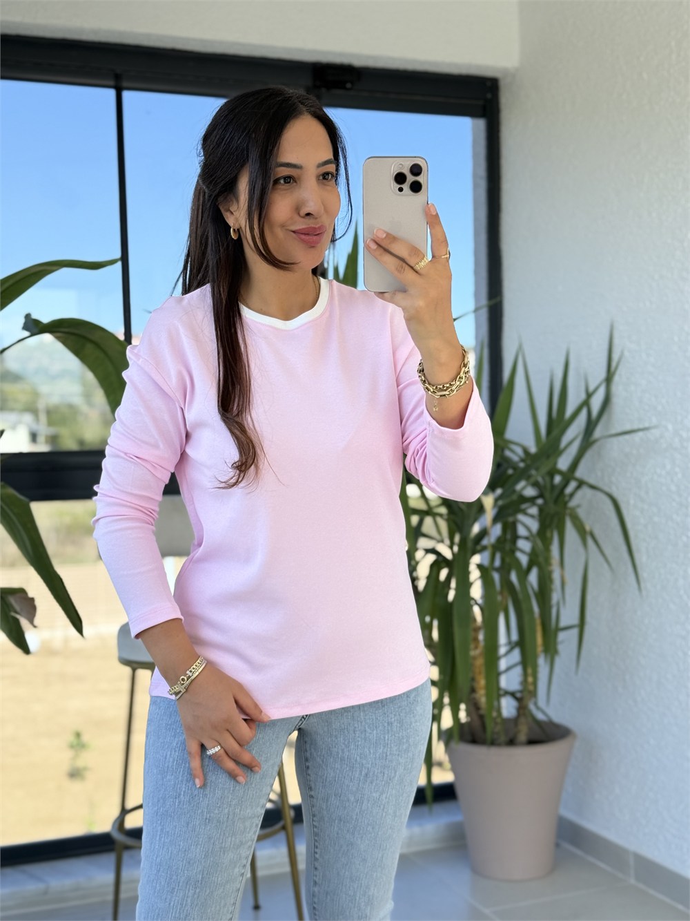 Yakası Biyeli Sweat Bluz Pembe