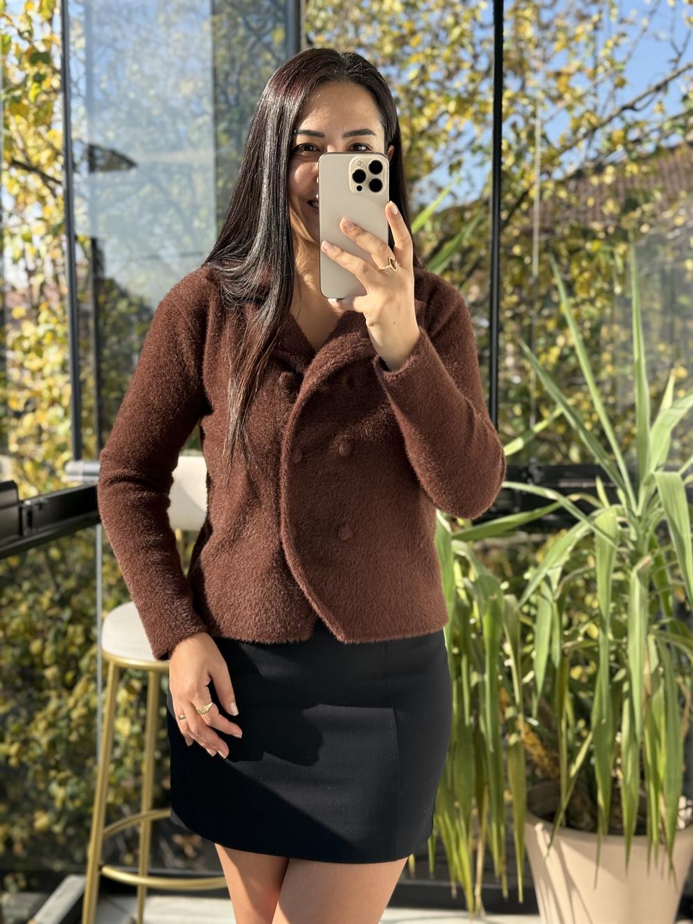 Çift Düğmeli Angora Hırka kahve