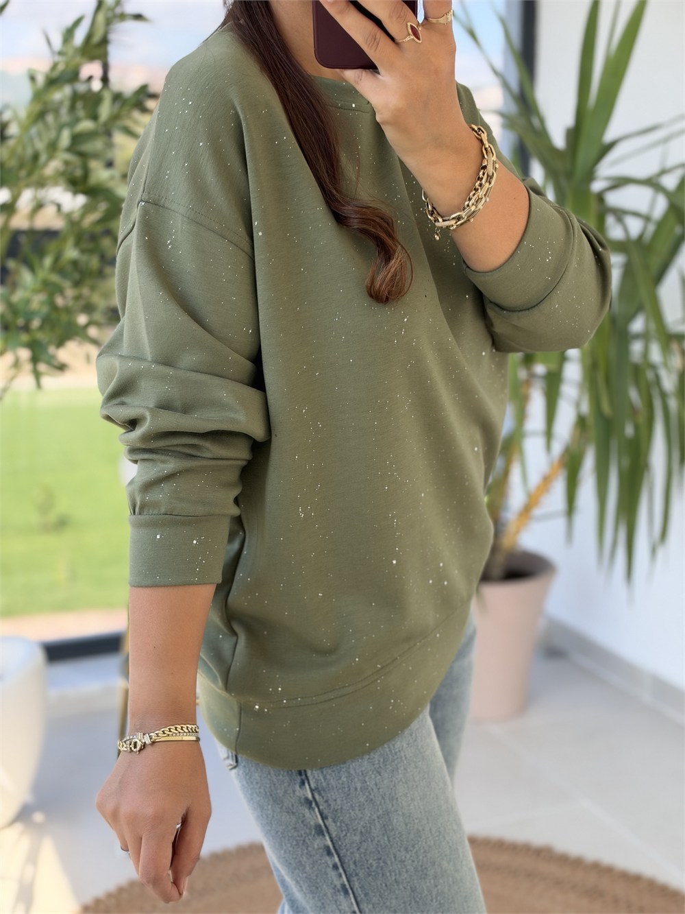 Simli Oysh Sweatshirt Haki Yeşili