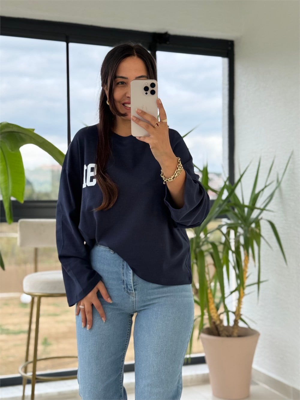 91 Baskılı Basic Sweatshirt Lacivert