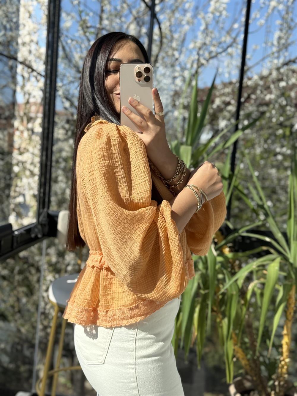 Dantelli Uzun Kol Bluz Turuncu