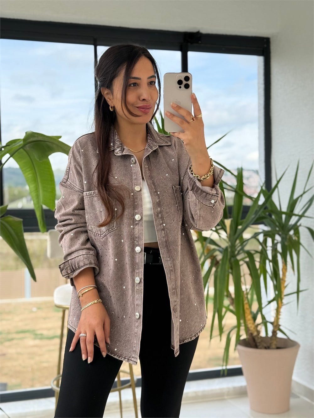 Zra Model Taşlı Denim Gömlek Vizon
