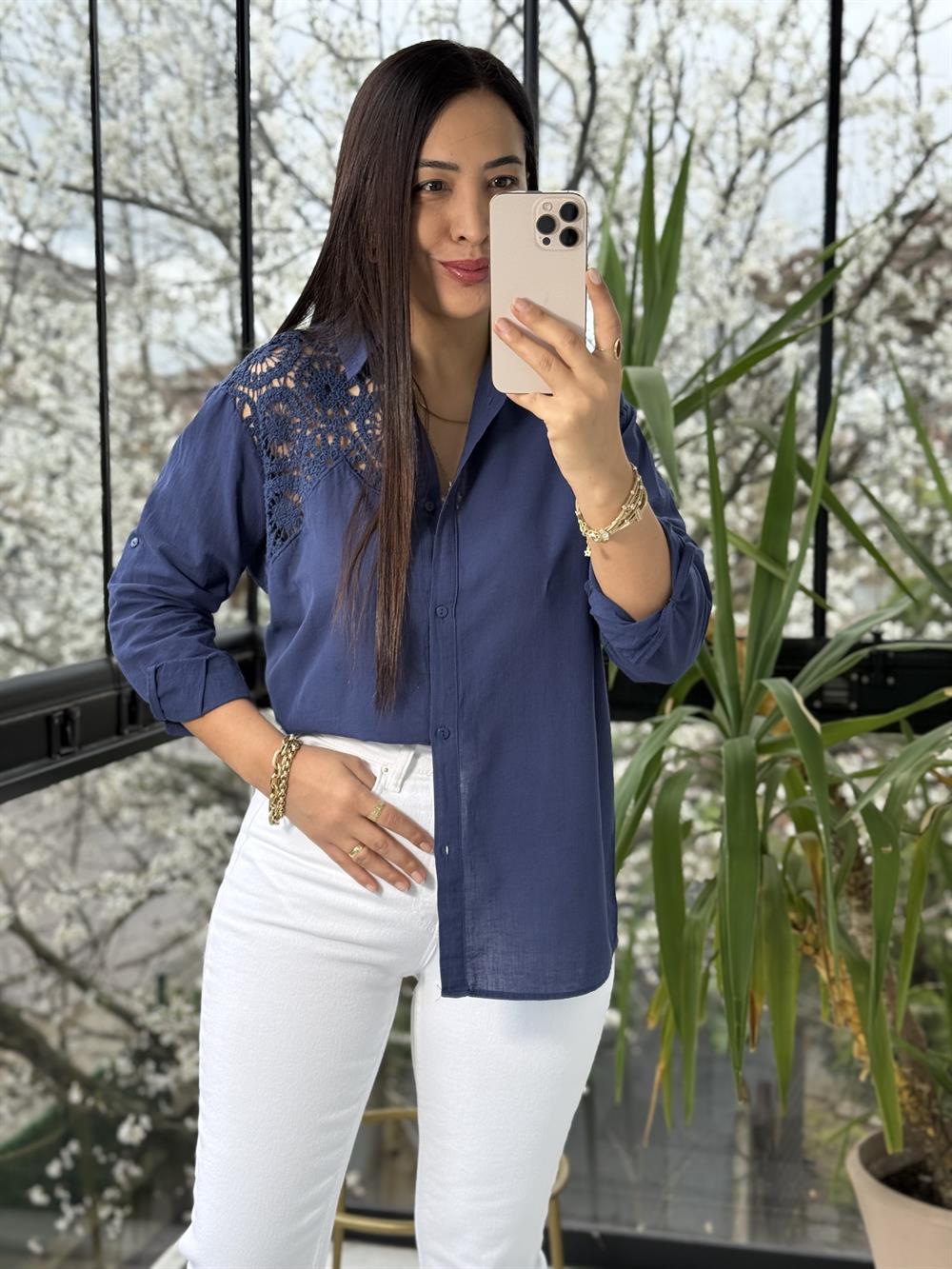 Omuz Dantel Detaylı Natural Gömlek İndigo Mavi