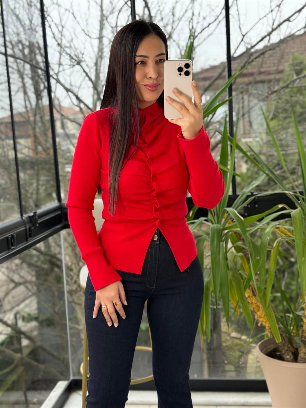 Önü Büzgülü Düğmeli Triko Hırka Kırmızı