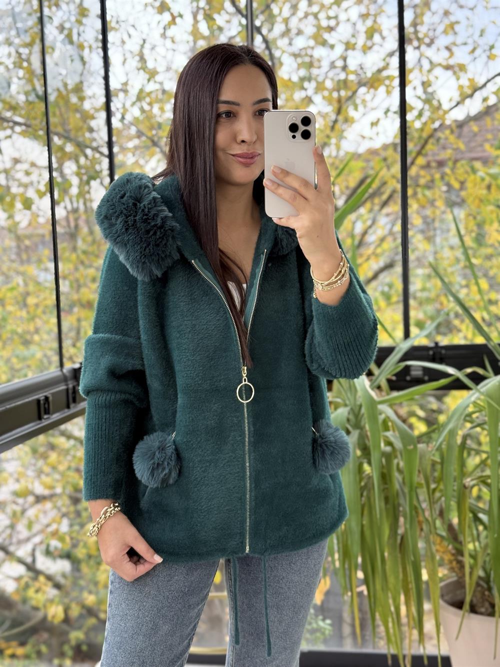 İthal Ponponlu Angora Hırka Zümrüt