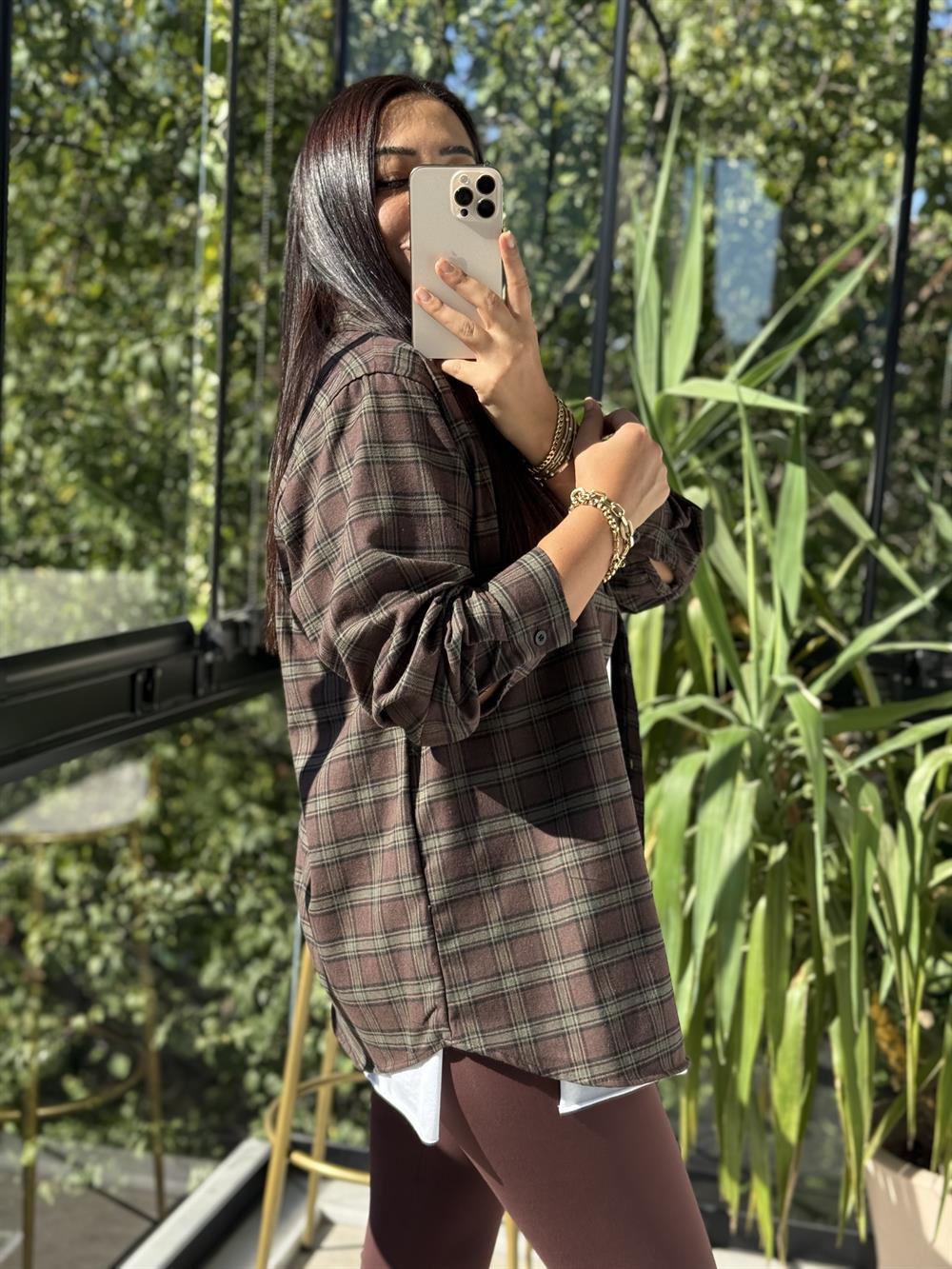 Ekoseli Oversize Gömlek Koyu Kahve