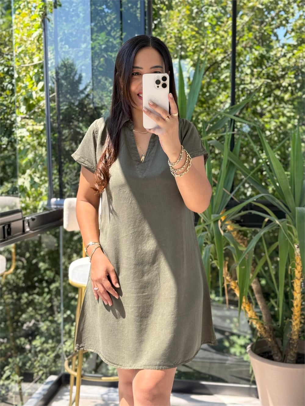 V Yakalı Kolsuz Mini Elbise Haki Yeşili