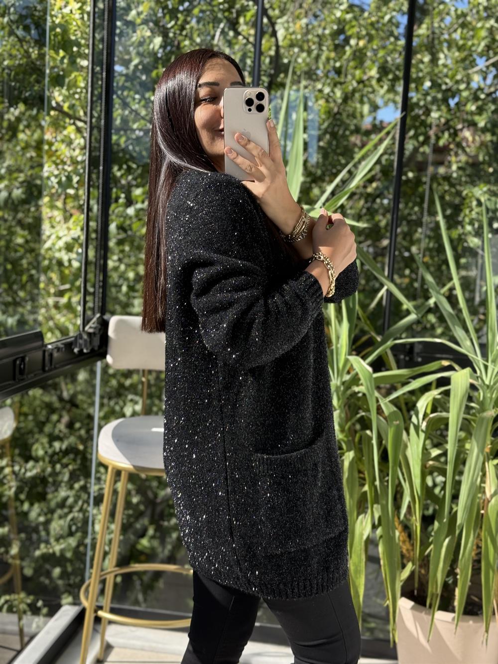 Önü Cep Detaylı Slim Yumoş Hırka Siyah