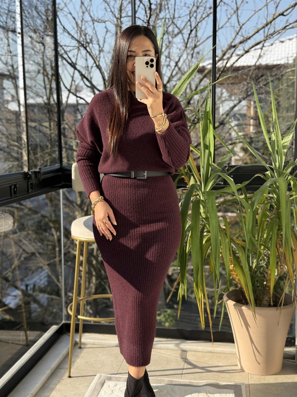 Bisiklet Yaka Yumuşak Dokulu Elbise Bordo