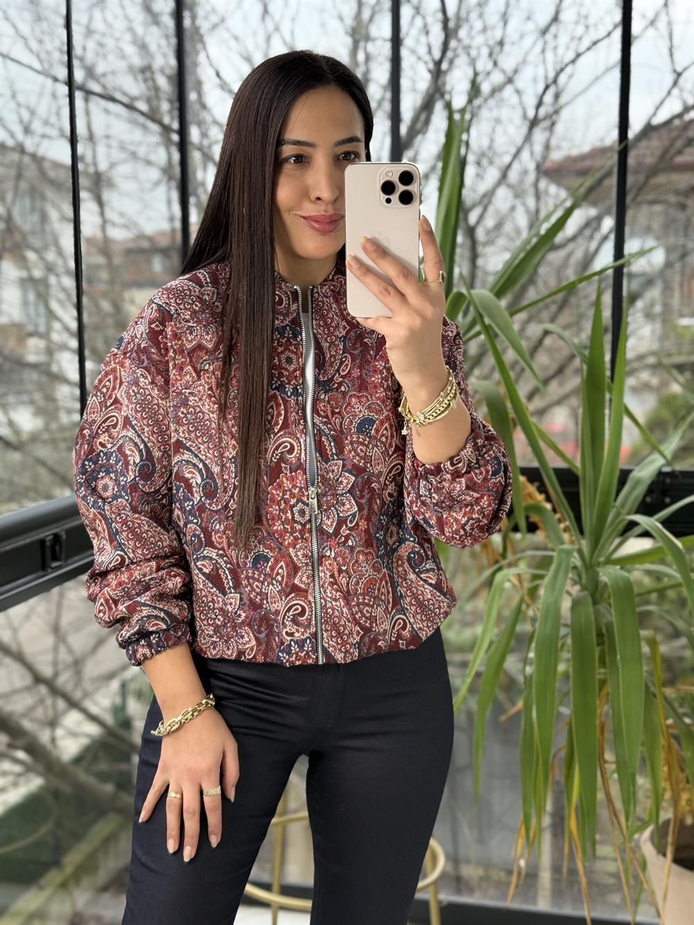 Venüs Desenli Bomber Ceket Bordo