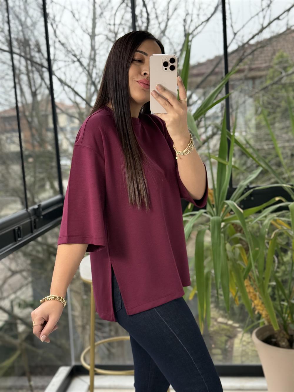 Oversize Yanları Yırtmaçlı Modal Tişört Bordo