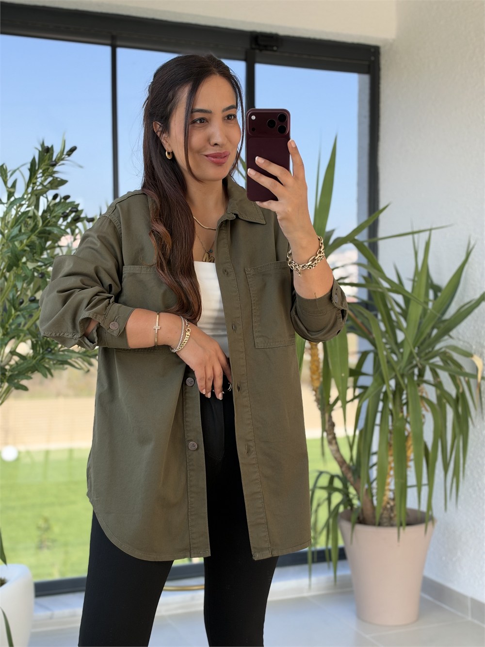 Düğmeli Oversize Gömlek Haki Yeşili