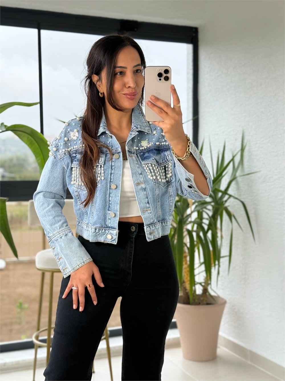 Taşlı Kısa Denim Ceket Mavi