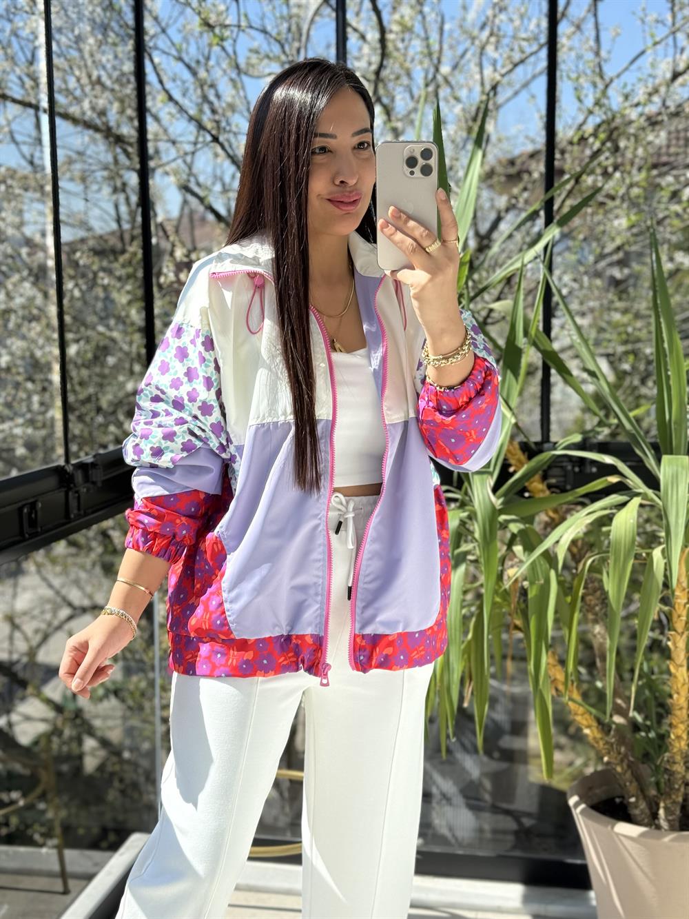 Çiçek Desenli Neon Ceket Lila