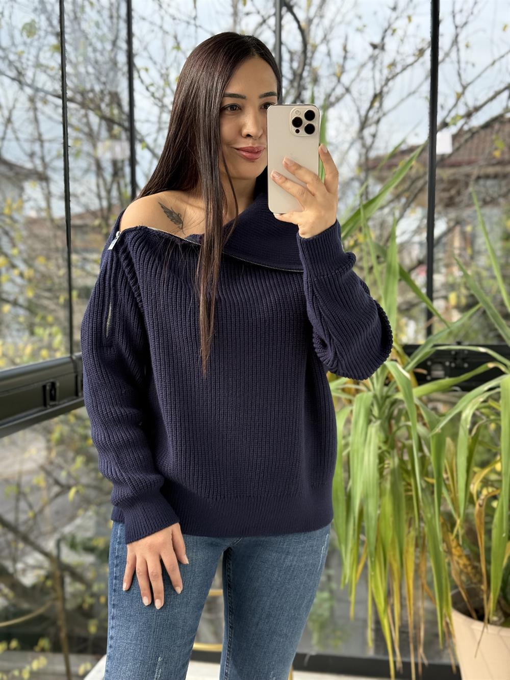 Yandan Fermuarlı Geniş Yaka triko Kazak Lacivert