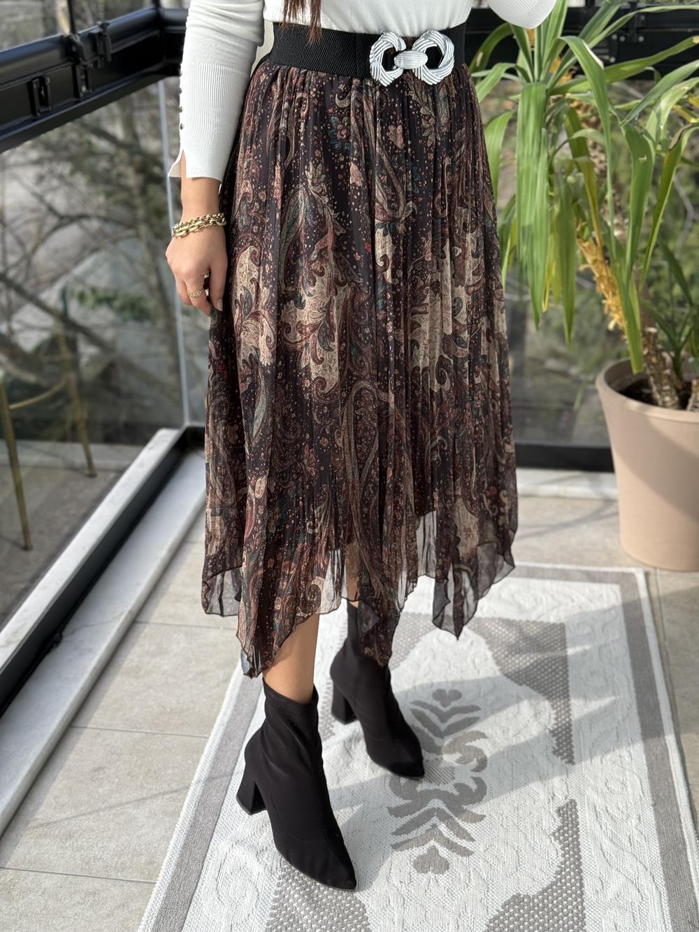 Etnik Desen Asimetrik Kesim Etek Haki Yeşili