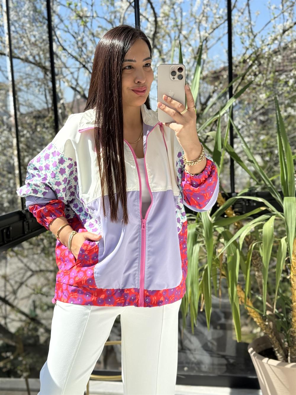 Çiçek Desenli Neon Ceket Lila