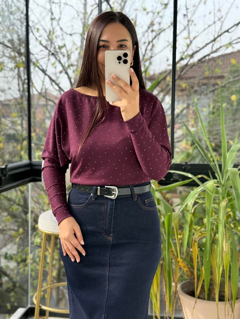 Full Taşlı Kayık Yaka Bluz Mürdüm