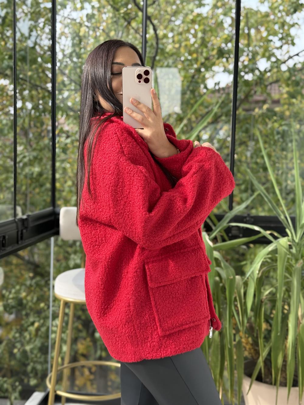 Cepli Kaşe Kaban Kırmızı