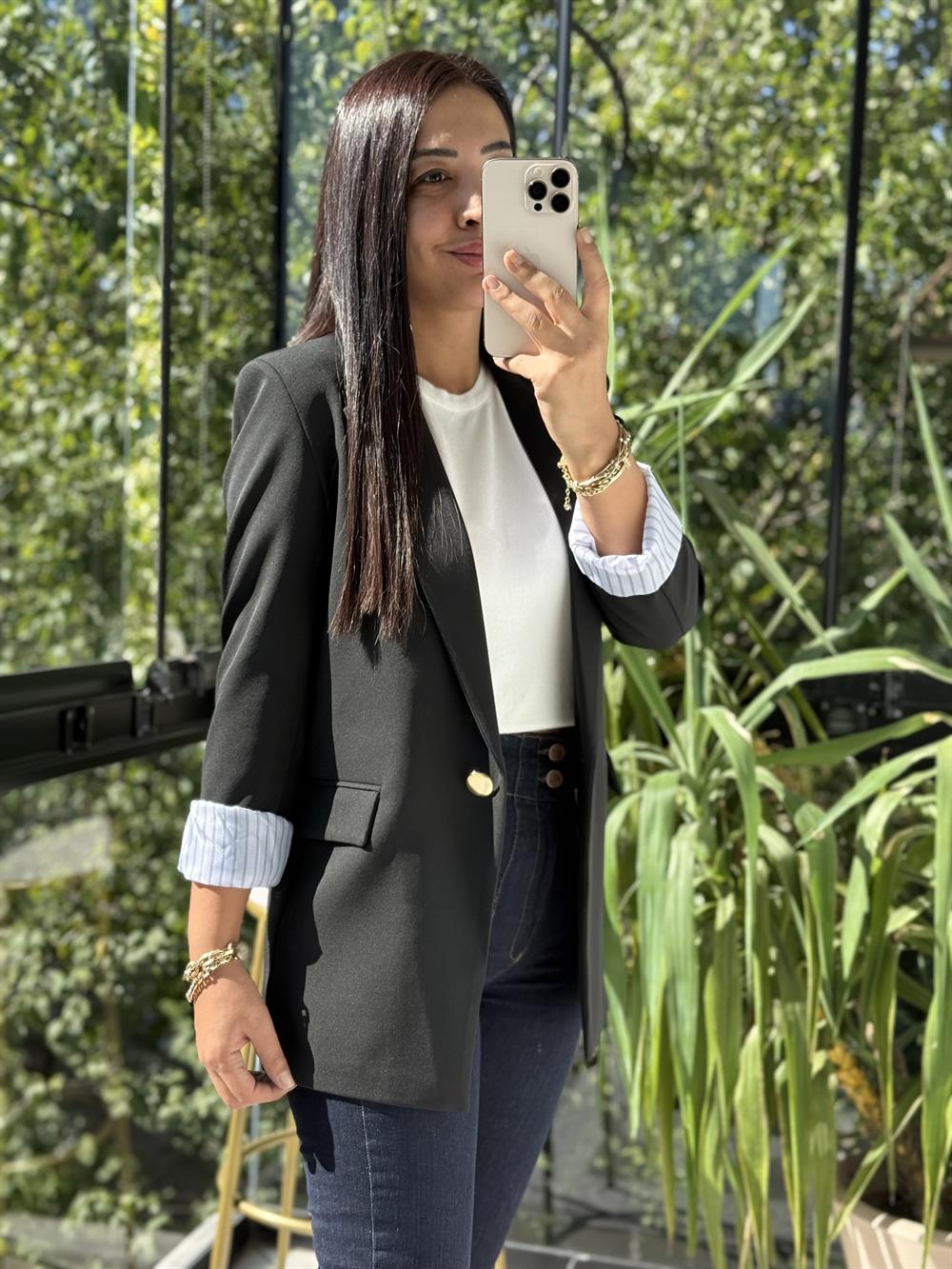 Kol Astarı Garnili Tek Düğme Blazer Ceket Siyah