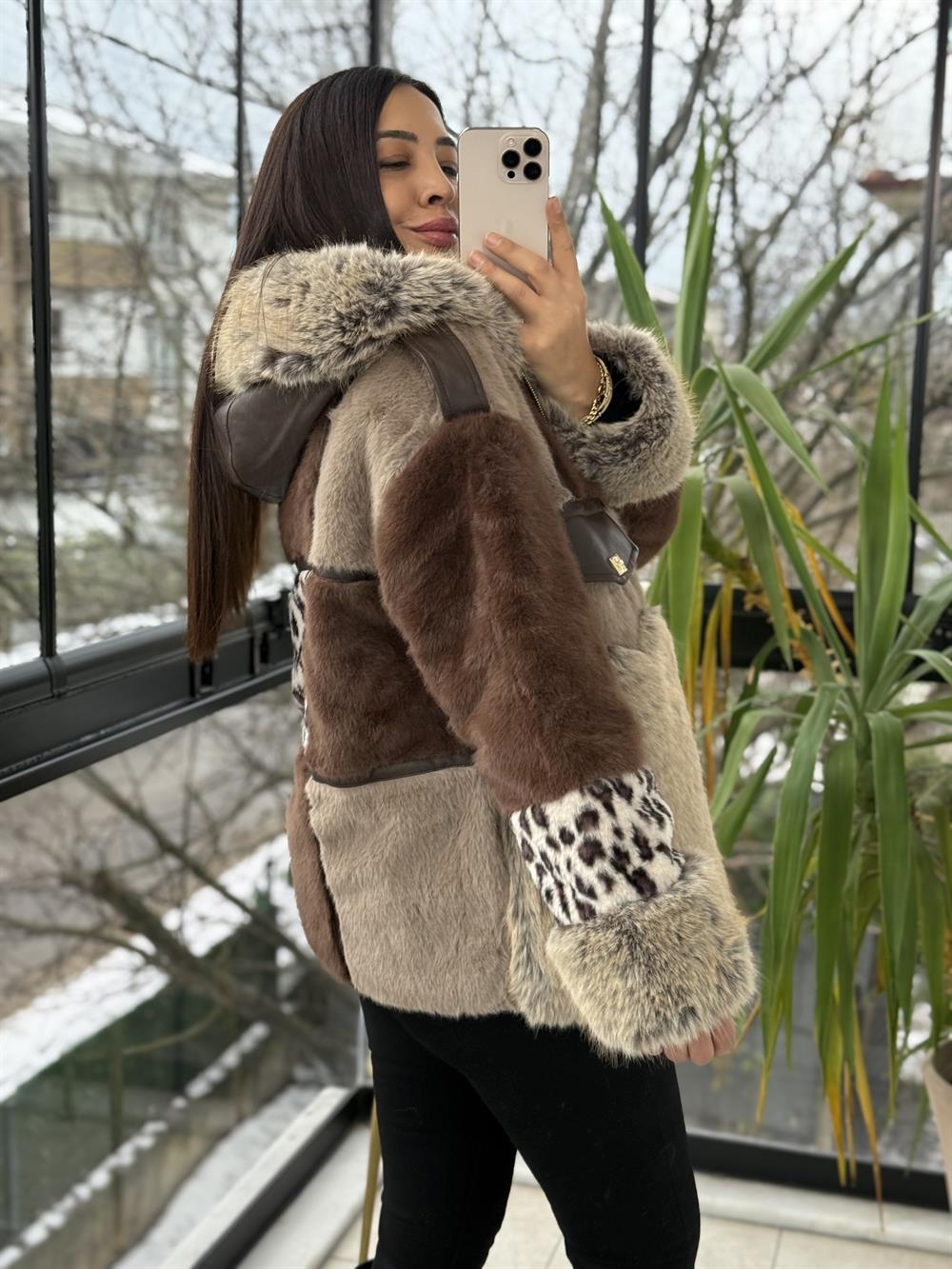 İthal Parçalı Tasarım Kürk Mont Kahve