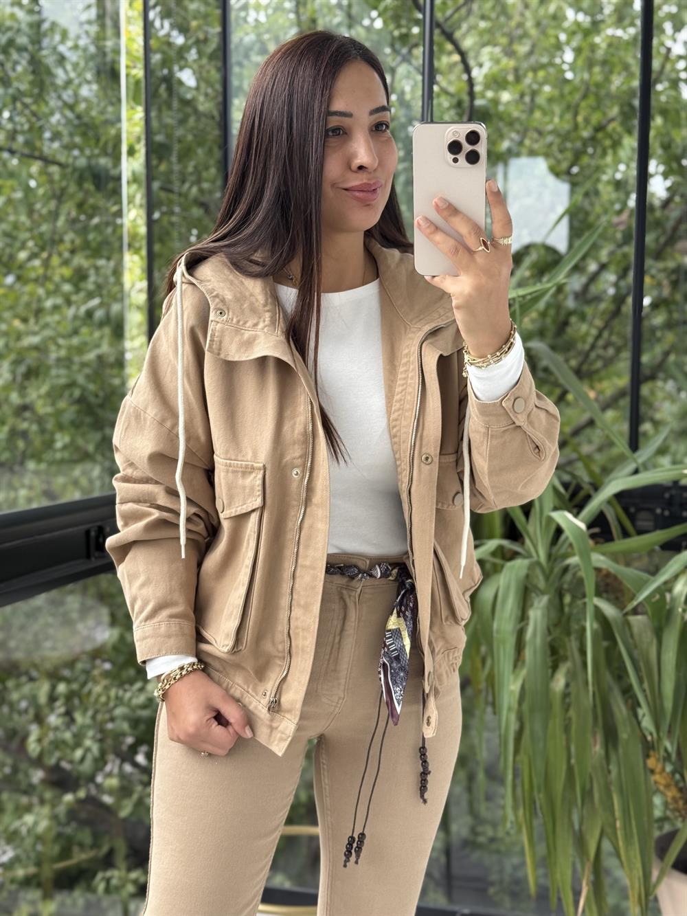 Kapüşonlu Kot Ceket Camel