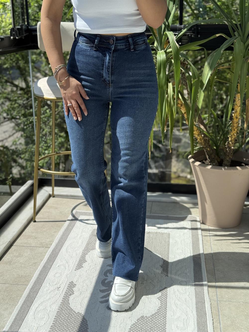 Dekoratif Cep Detaylı Palazzo Kot Pantolon Mavi