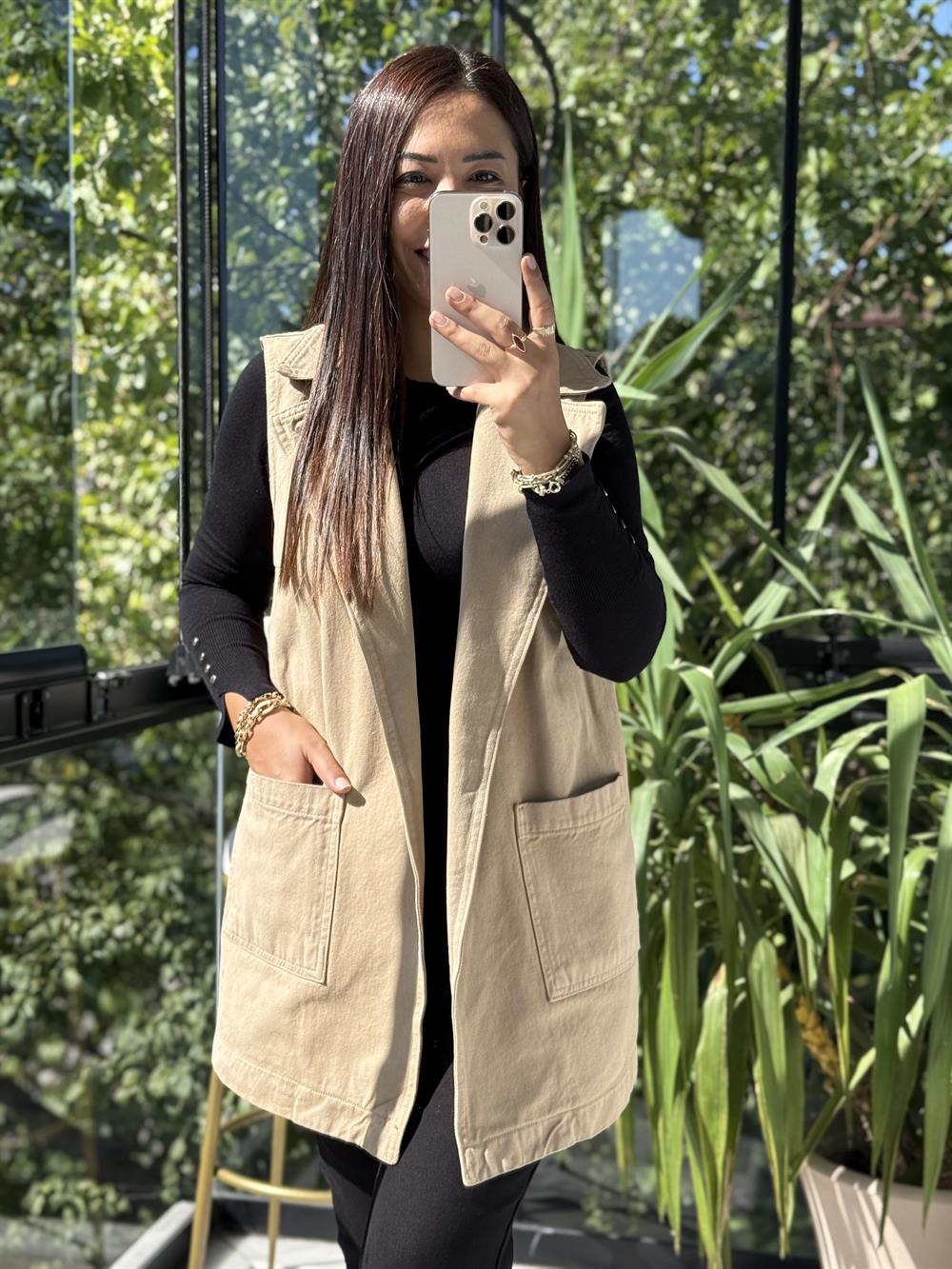 Kuşaklı Kruvaze Yaka Yelek Camel