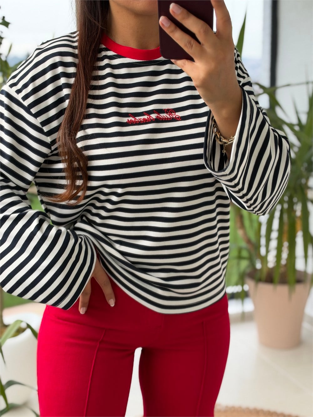 Biyeli Çizgili Sweatshirt Lacivert