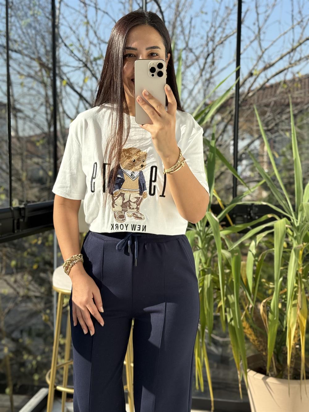 Newyork Yazılı İşlemeli Basic Tişört Beyaz