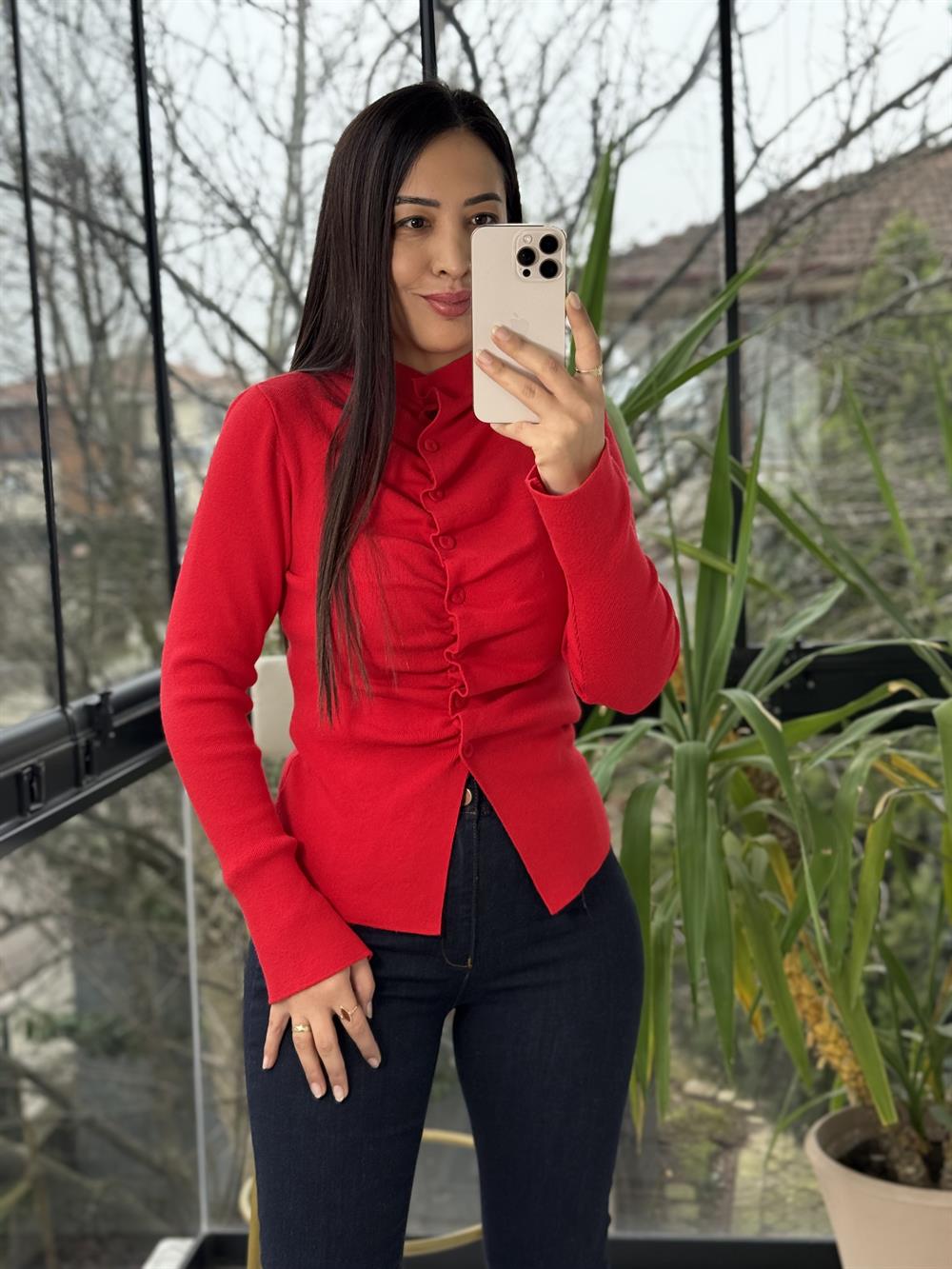 Önü Büzgülü Düğmeli Triko Hırka Kırmızı