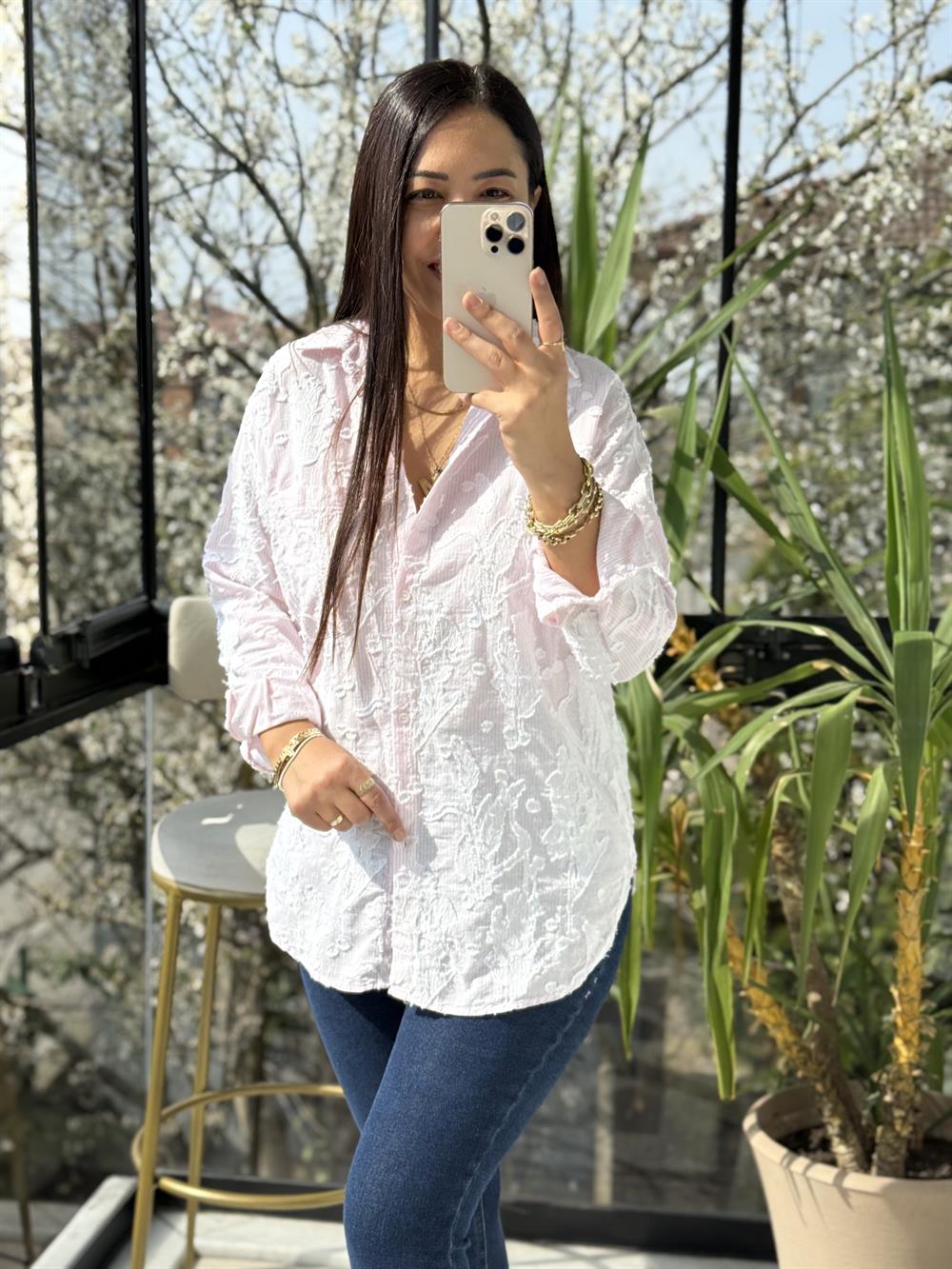 Kabartmalı Çizgili Pamuklu Gömlek Pembe