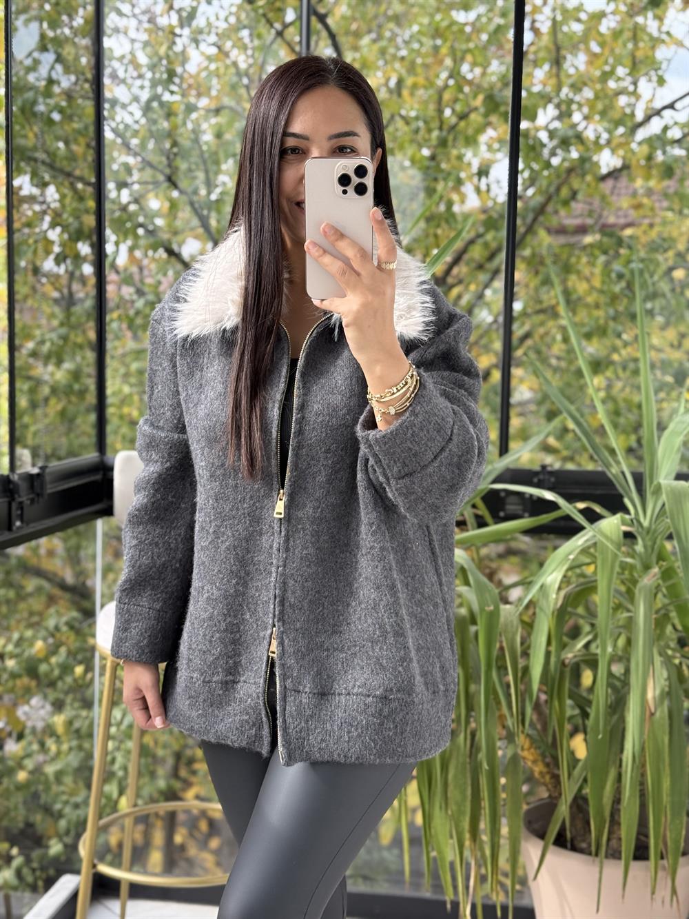 Kürk Yakalı Şardonlu Hırka Antrasit 