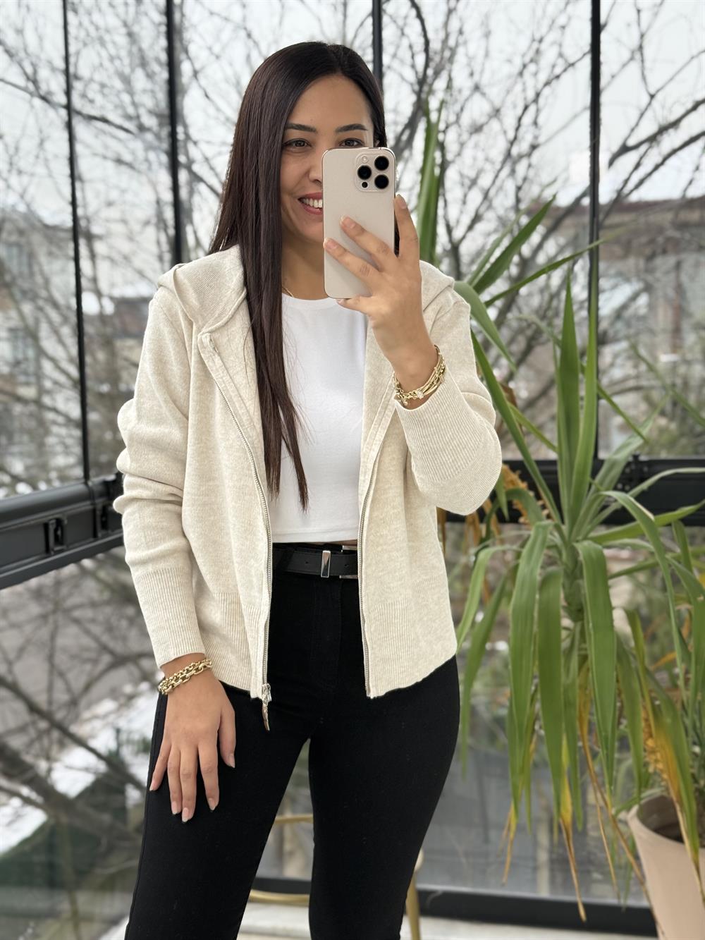 Çift Fermuarlı Kapüşonlu Yumoş Basic Hırka Krem