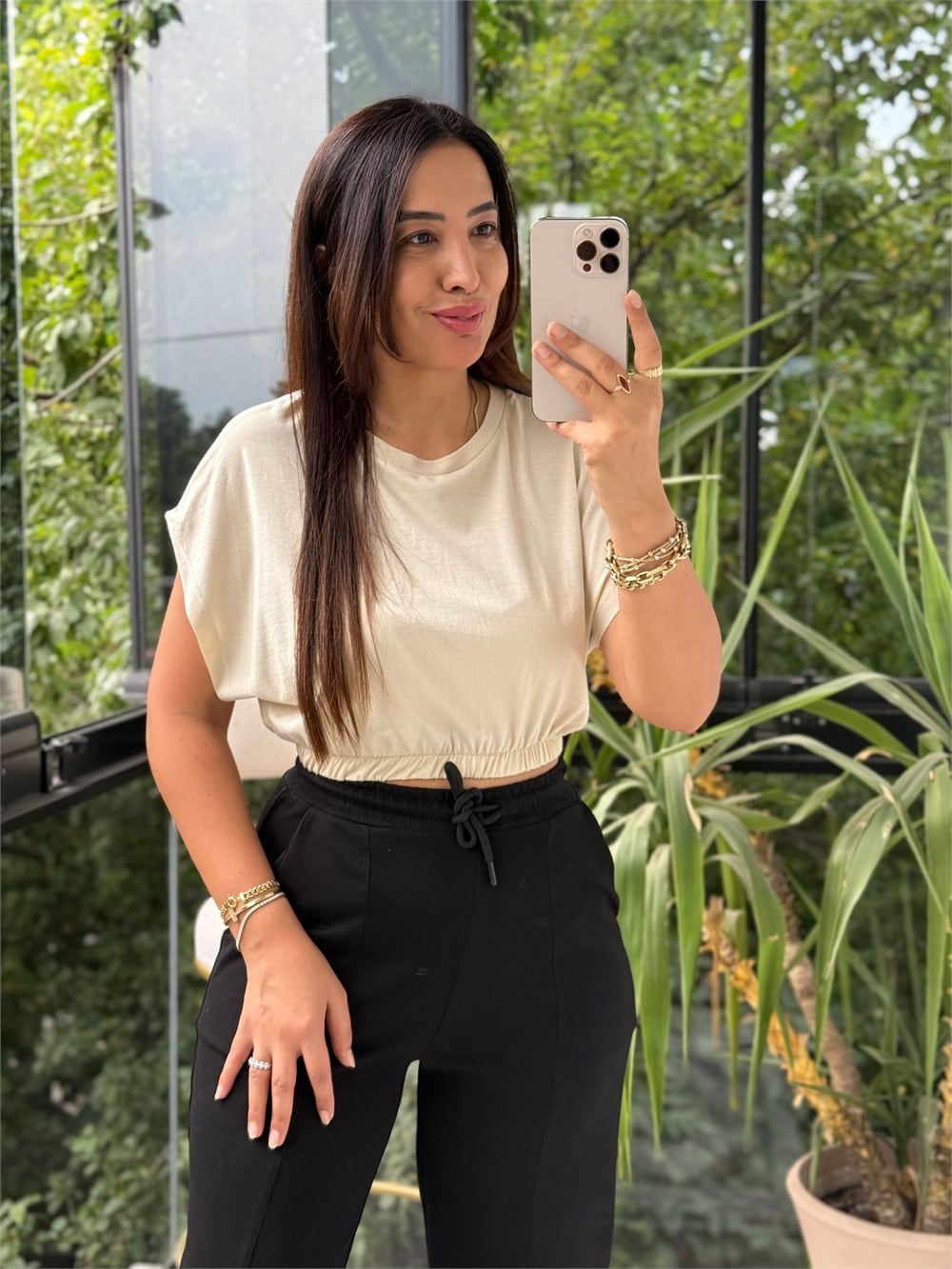 Beli Lastikli Crop Tişört Bej