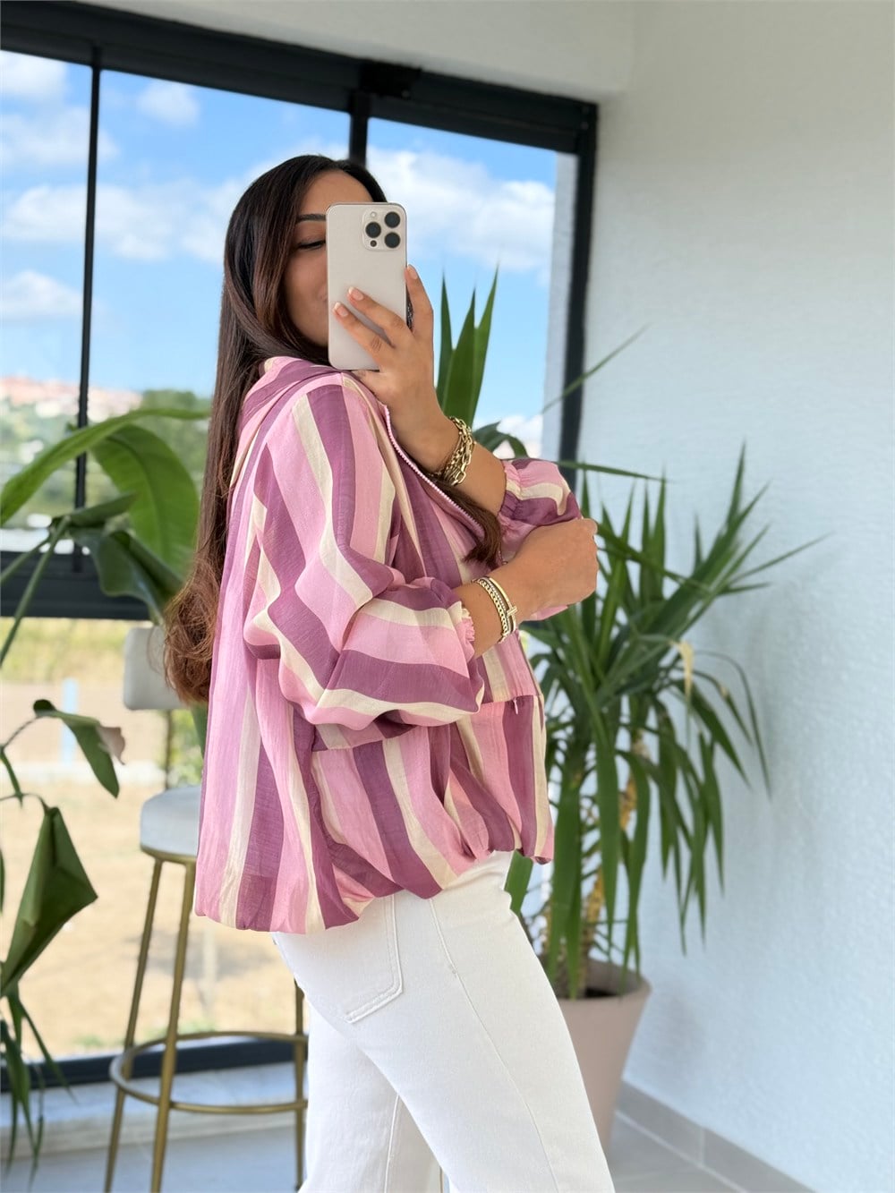 Kapüşonlu Renkli Çizgili Yağmurluk Pembe