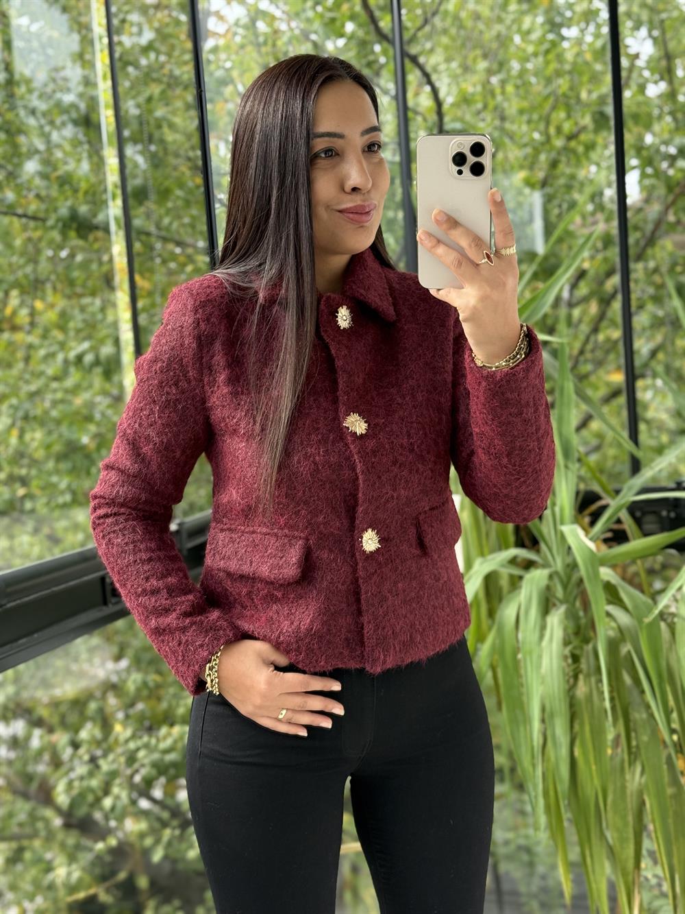 Kısa Gold Düğme Yün Ceket Bordo